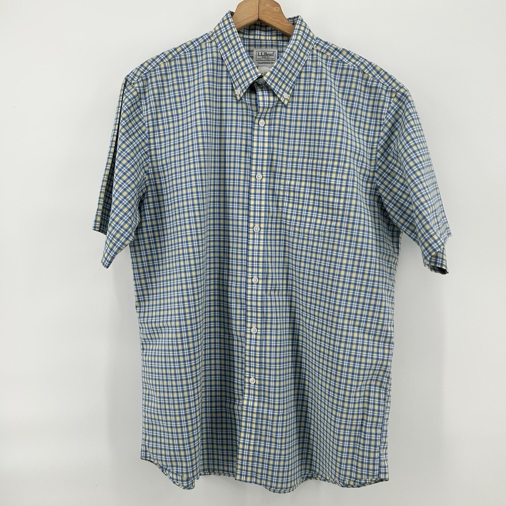 LL Bean Traditional Fit Shirt Mens L Blue Yellow Plaid Button Down Dadcore